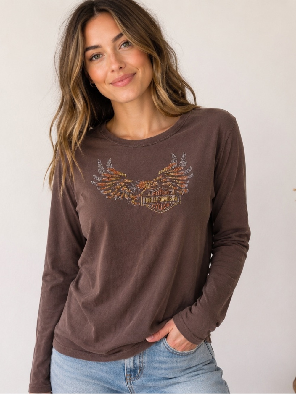 Harley-Davidson Women’s Brown Rhinestone Eagle Long Sleeve Graphic Tee | Size W1